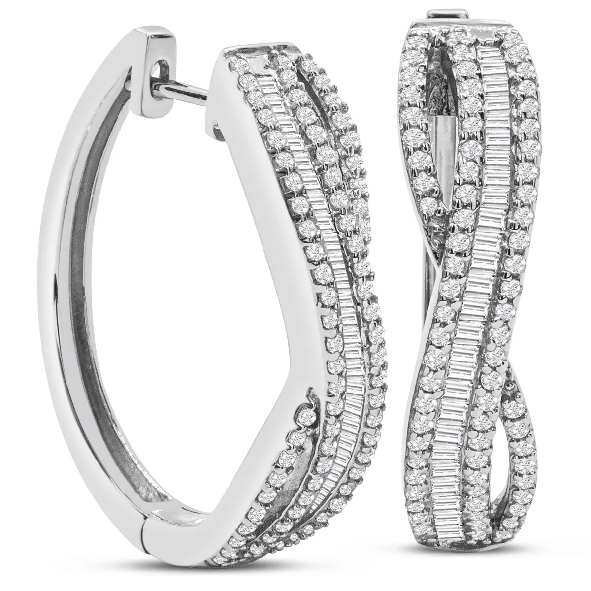 1 Carat Baguette and Round Colorless Diamond Swirl Hoop Earrings In Sterling Silver