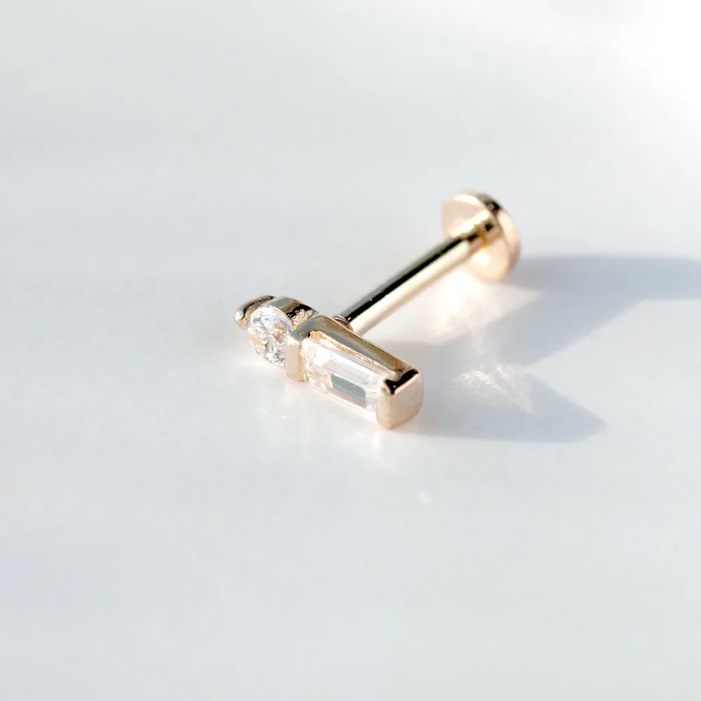 14k Gold Cz or Genuine Baguette Diamond Cartilage Tragus  Baguette Internally Threaded Labret