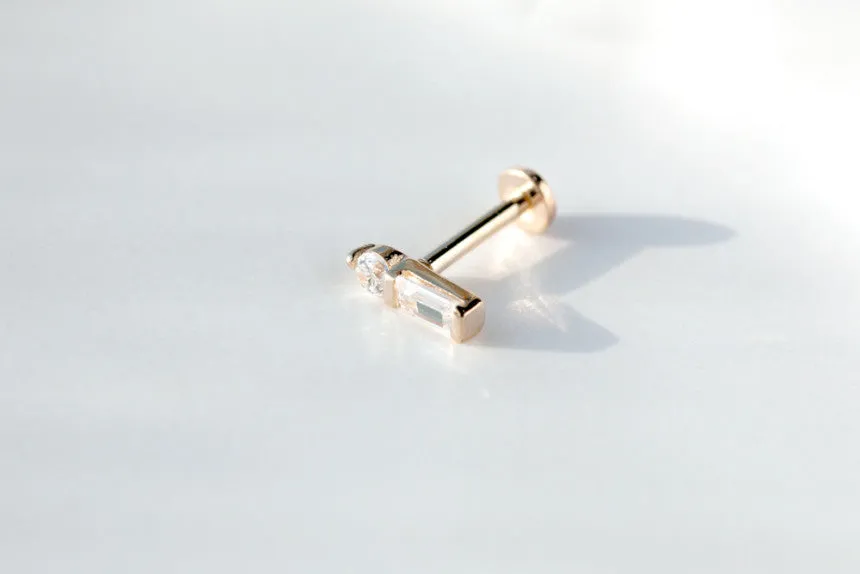 14k Gold Cz or Genuine Baguette Diamond Cartilage Tragus  Baguette Internally Threaded Labret