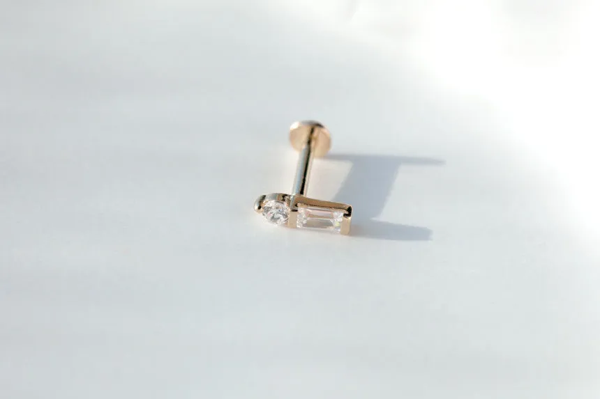 14k Gold Cz or Genuine Baguette Diamond Cartilage Tragus  Baguette Internally Threaded Labret