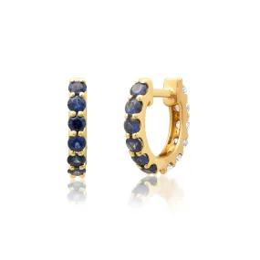 14K Gold Half & Half Blue Sapphire & Diamond Huggie Hoops Earrings