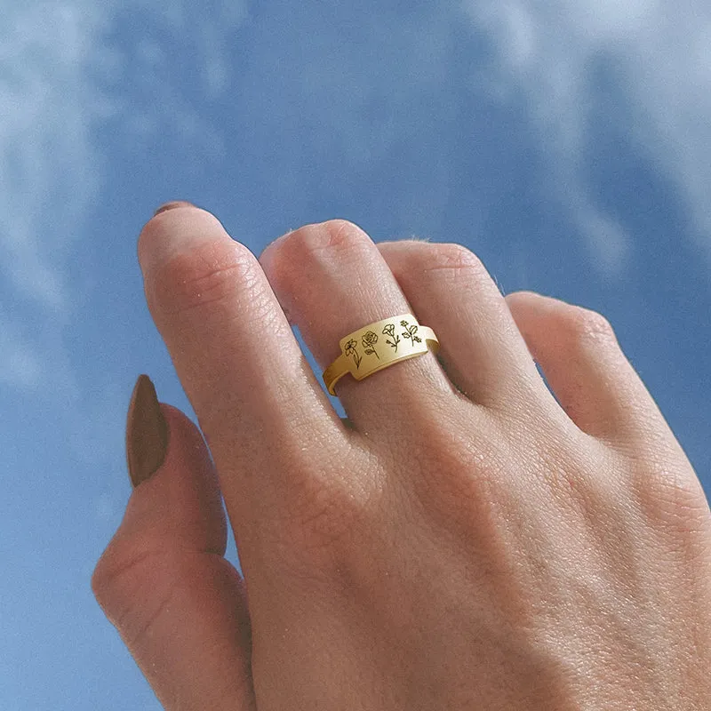 14K Gold Personalized Birth Flower Ring Gift Ring Christmas Gift