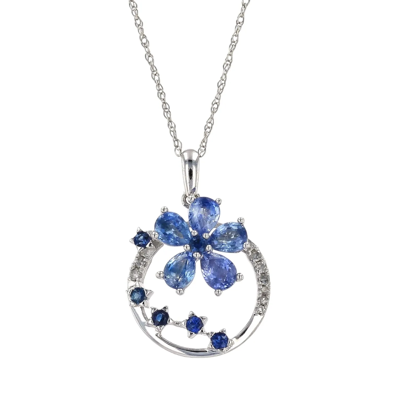 14k White gold clovers bule sapphire and diamonds necklace-17774