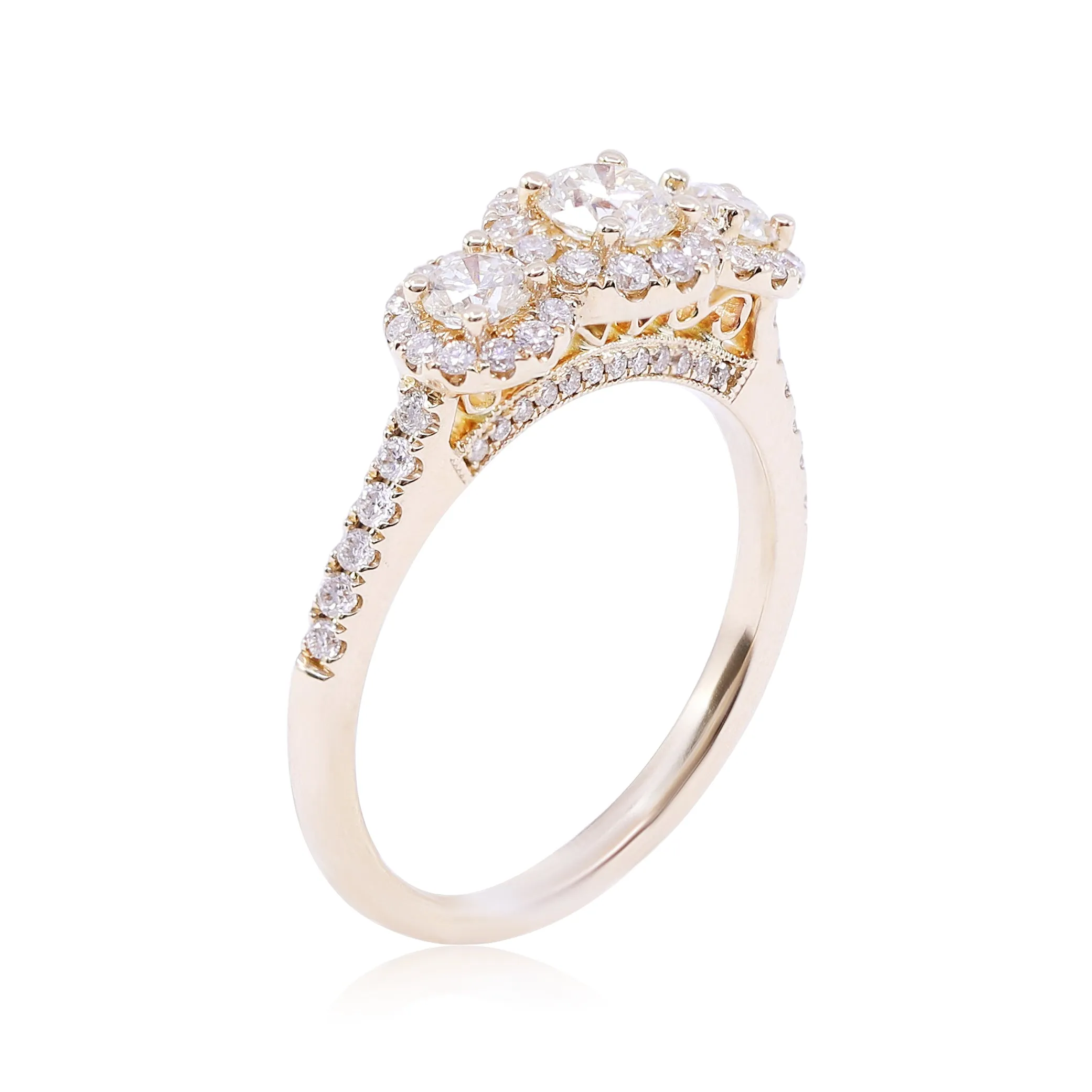 14K YELLOW GOLD 3-STONE DIAMOND HALO ENGAGEMENT RING WITH DIAMOND ACCENTS