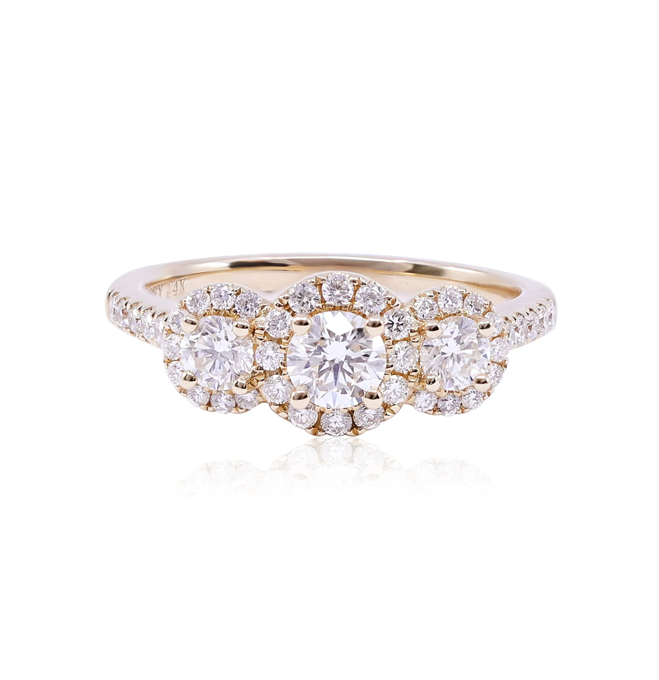 14K YELLOW GOLD 3-STONE DIAMOND HALO ENGAGEMENT RING WITH DIAMOND ACCENTS