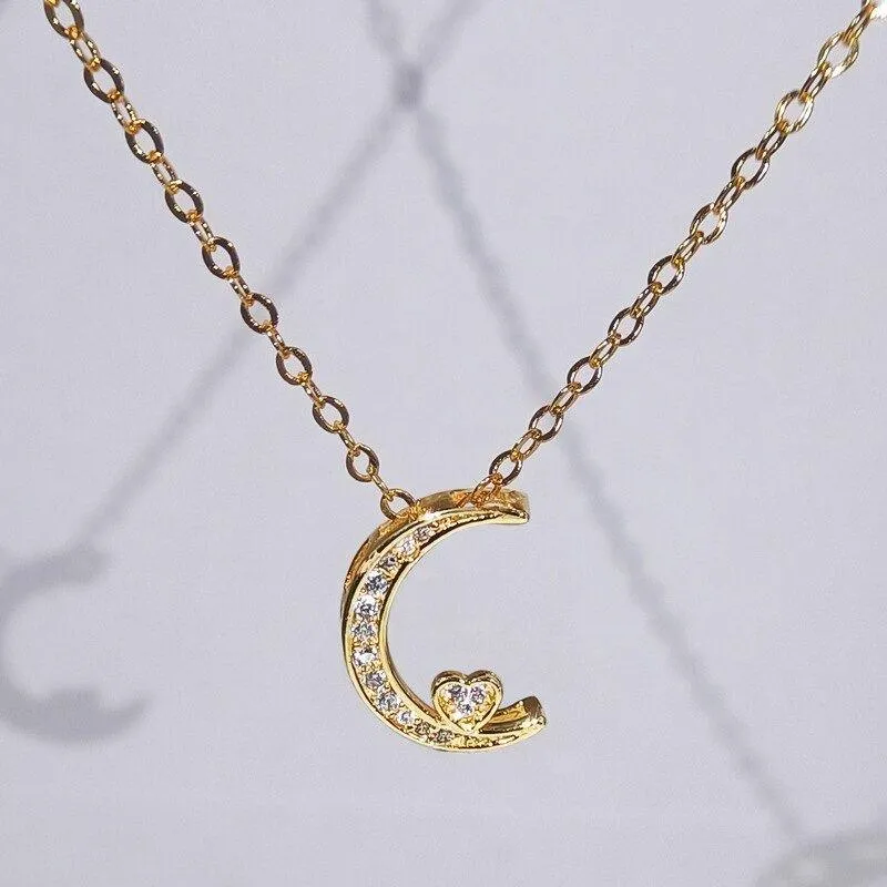 18K Gold 925 Sterling Silver Moon with Heart Phase Pendant Necklace LJ51