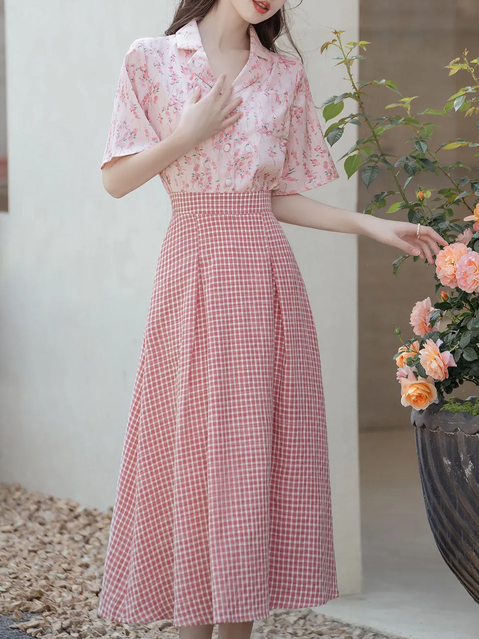 2PS Pink Floral Print Shirt And Plaid Swing Skirt Dress Set