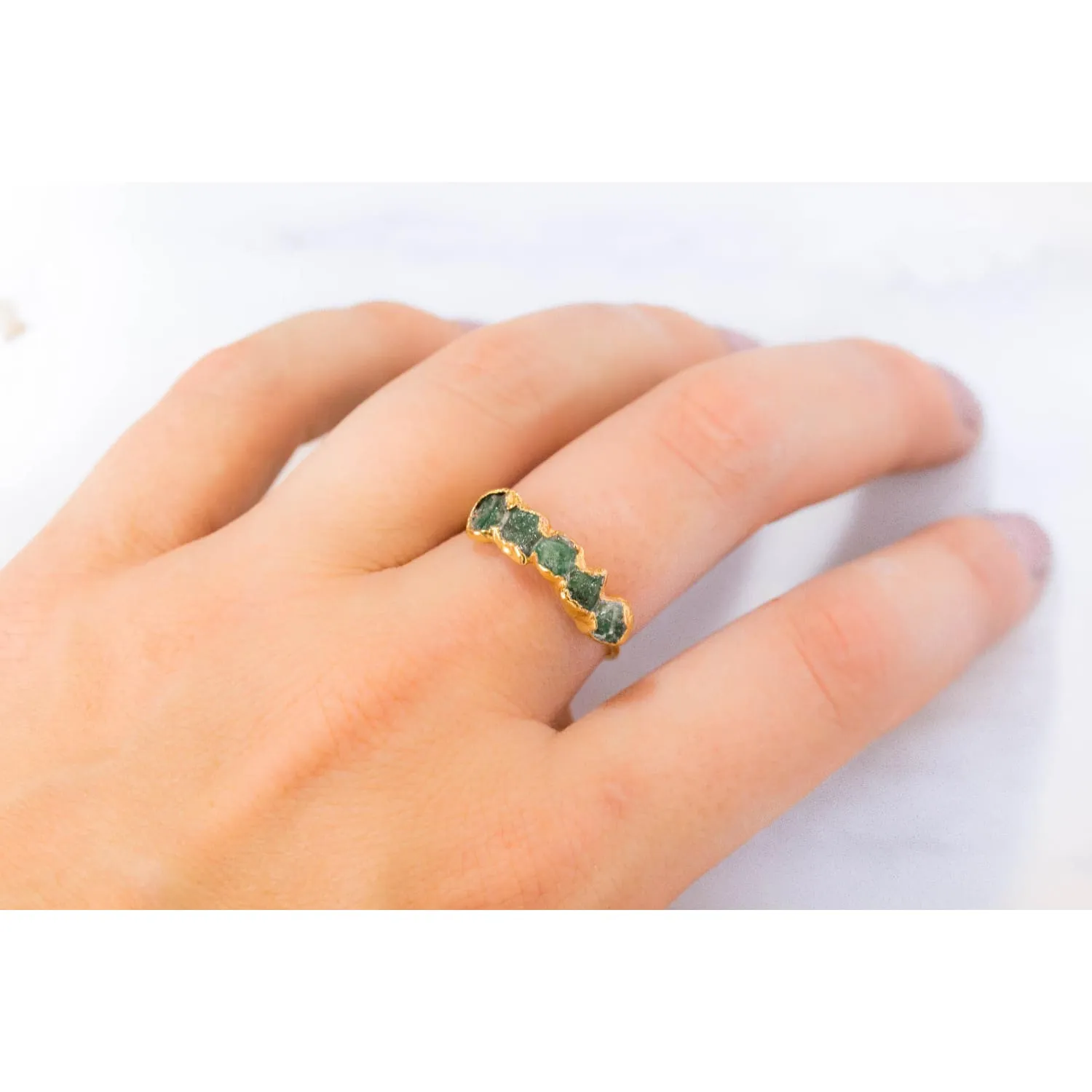 5 Stone Raw Emerald Ring in Sterling Silver