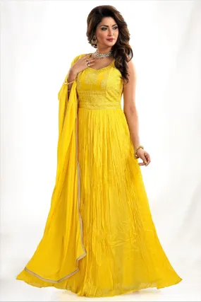 50Y054-RO Yellow Embroidered Chiffon Anarkali with Dupatta