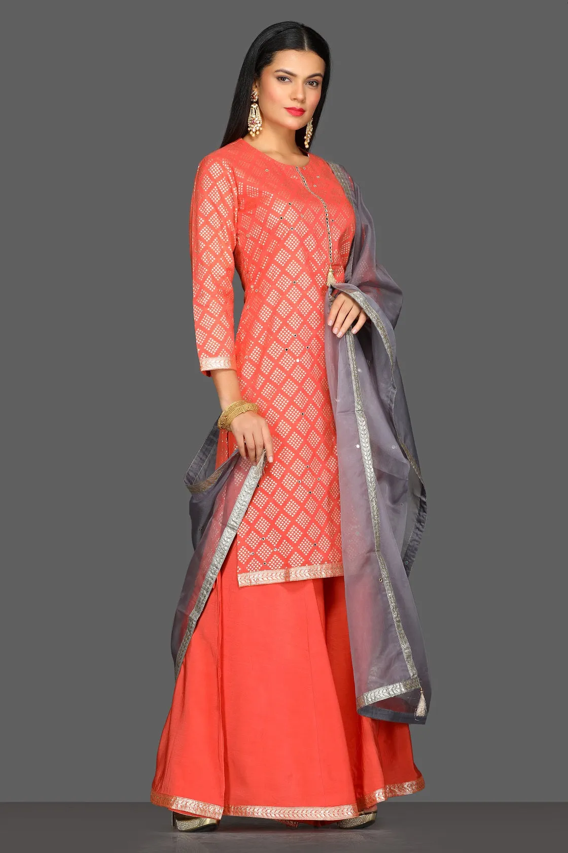 50Z099-RO Coral Embroidered Palazzo Suit with Grey Dupatta