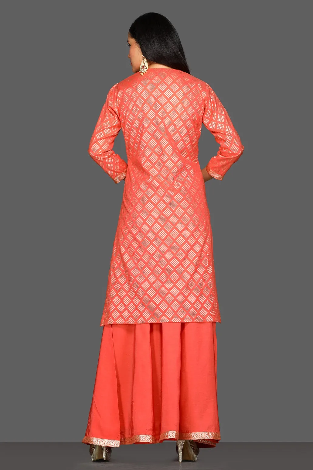 50Z099-RO Coral Embroidered Palazzo Suit with Grey Dupatta