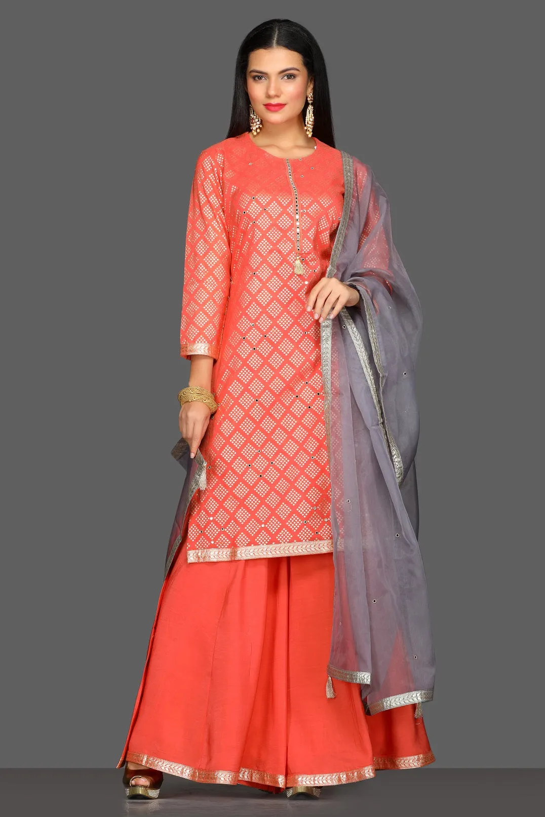 50Z099-RO Coral Embroidered Palazzo Suit with Grey Dupatta