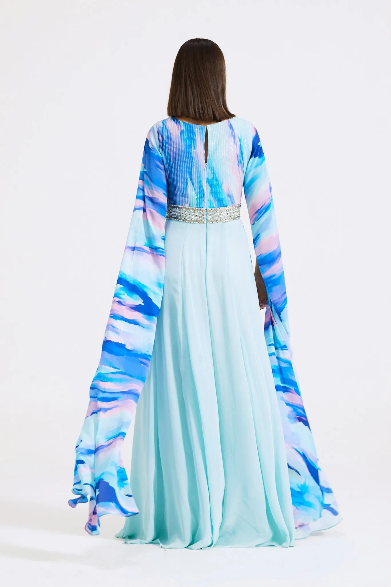 51Z039-RO Aqua Blue Printed and Embroidered Crepe Jumpsuit