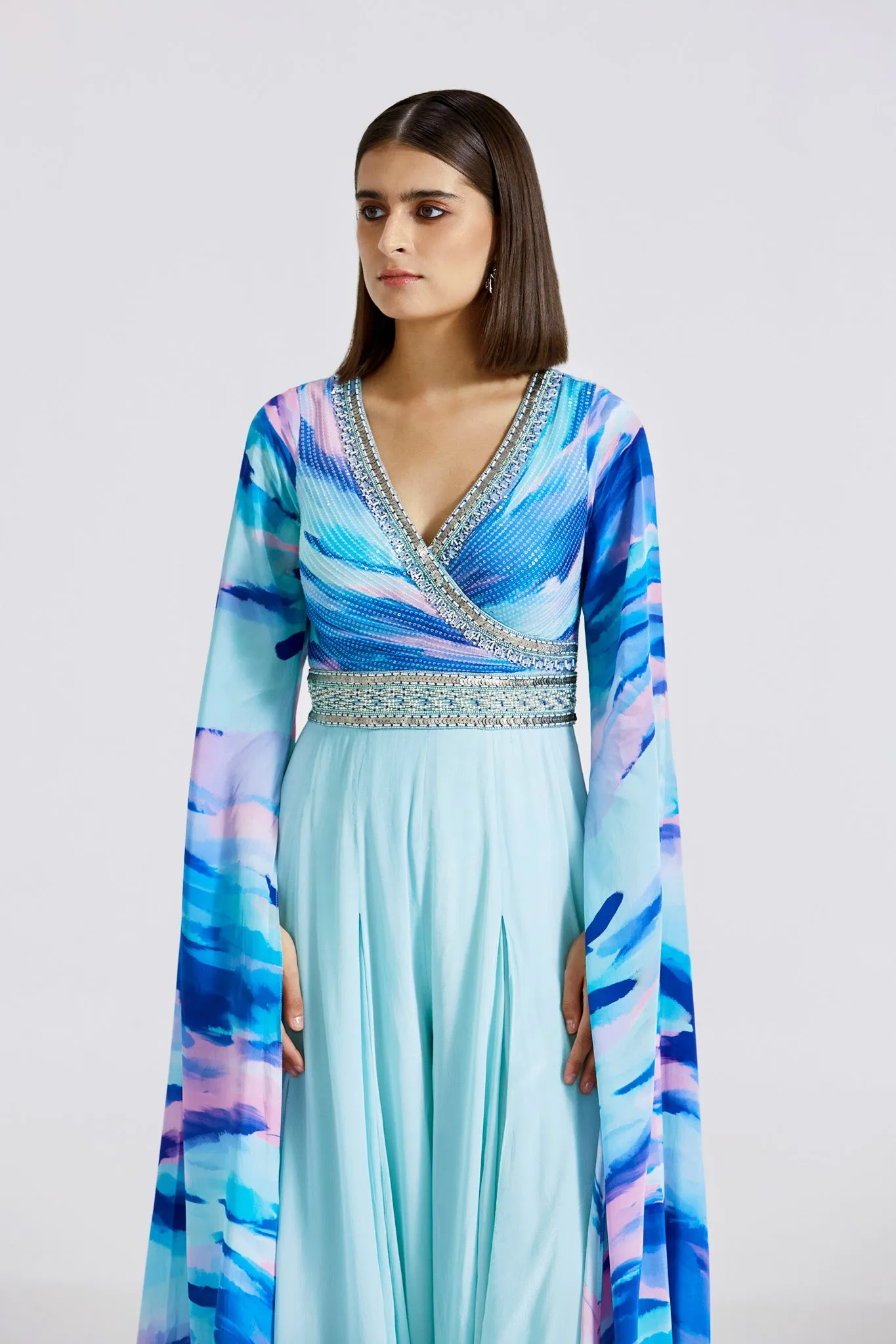 51Z039-RO Aqua Blue Printed and Embroidered Crepe Jumpsuit