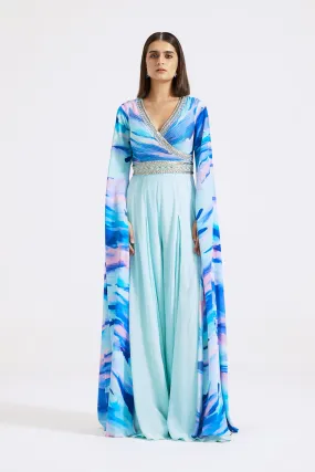 51Z039-RO Aqua Blue Printed and Embroidered Crepe Jumpsuit