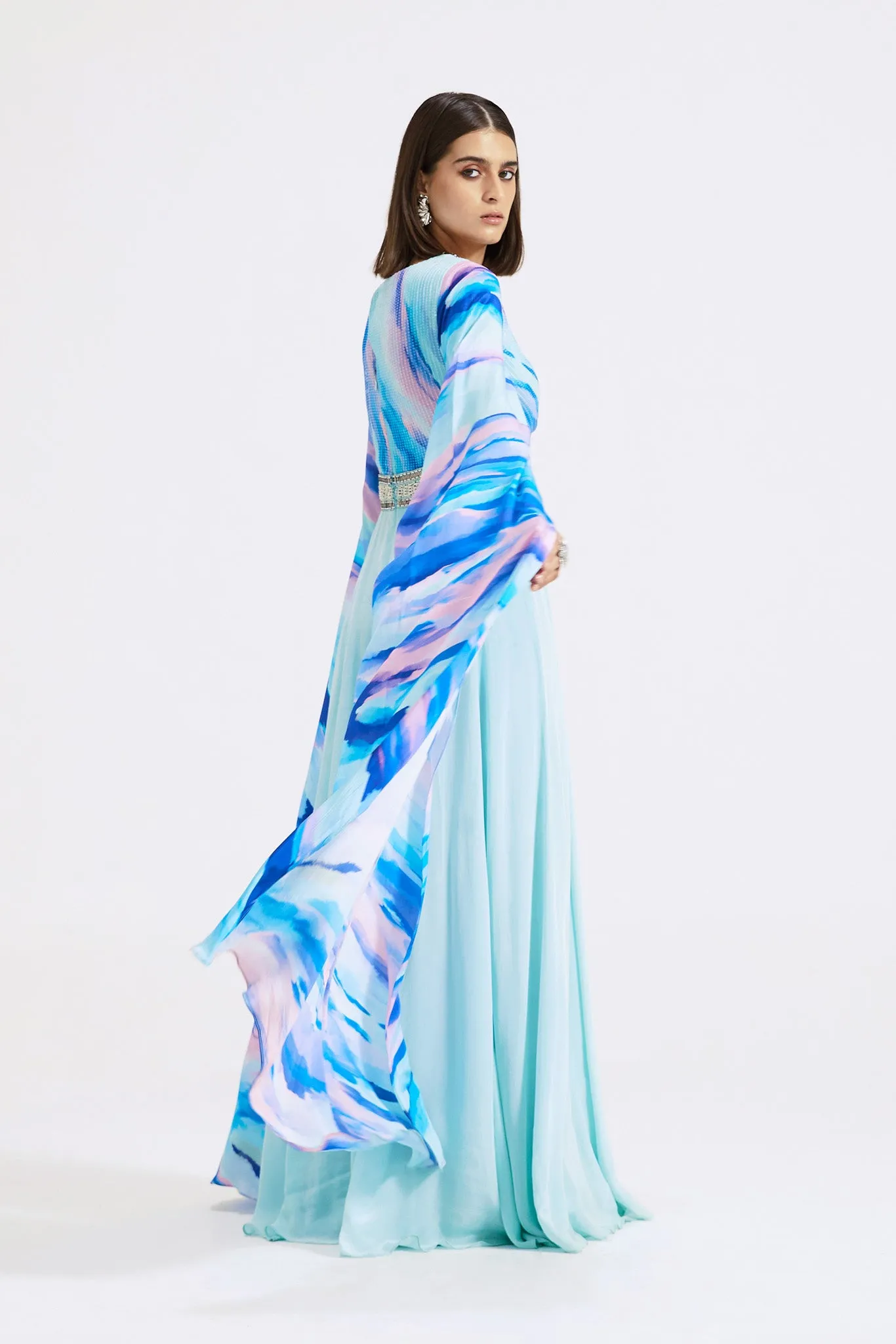 51Z039-RO Aqua Blue Printed and Embroidered Crepe Jumpsuit