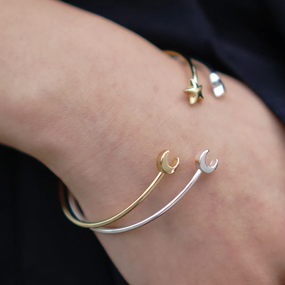 60mm Brass Open Cuff Moon and Star Cuff Bracelet bangle bracelet bridesmaid gift Adjustable cuff plated silver 1pcs