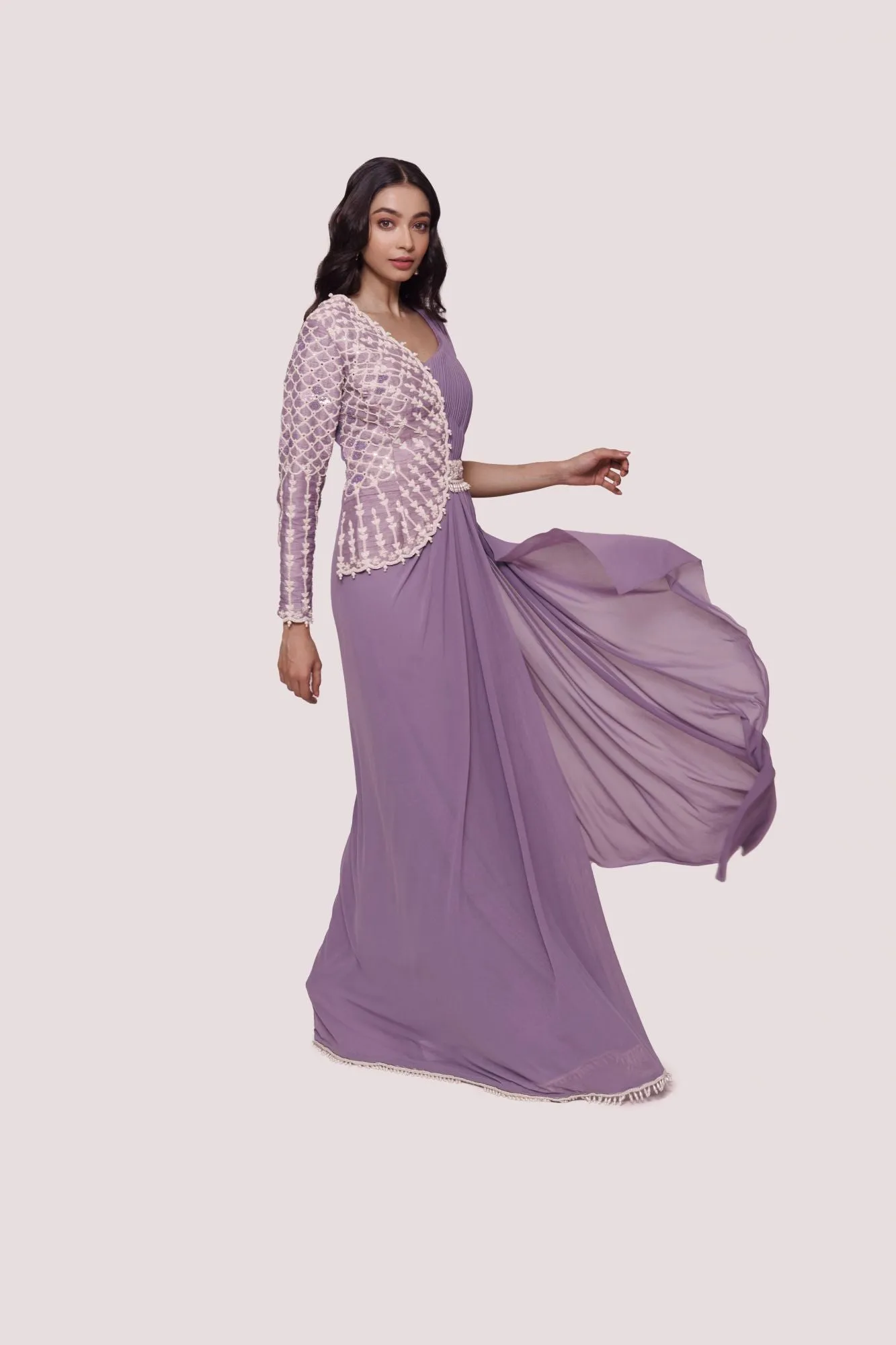 90Y017-RO Lavender Lycra Drape Saree with Faux Jacket