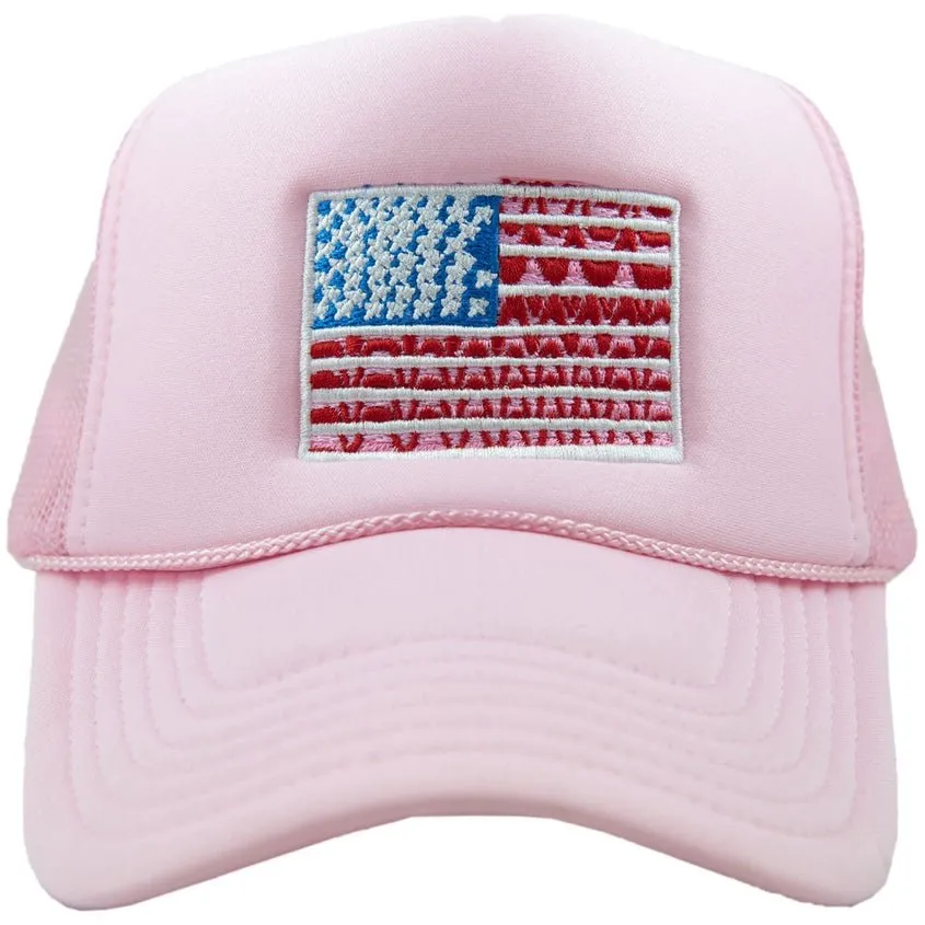 American Flag Trucker Hat in Light Pink