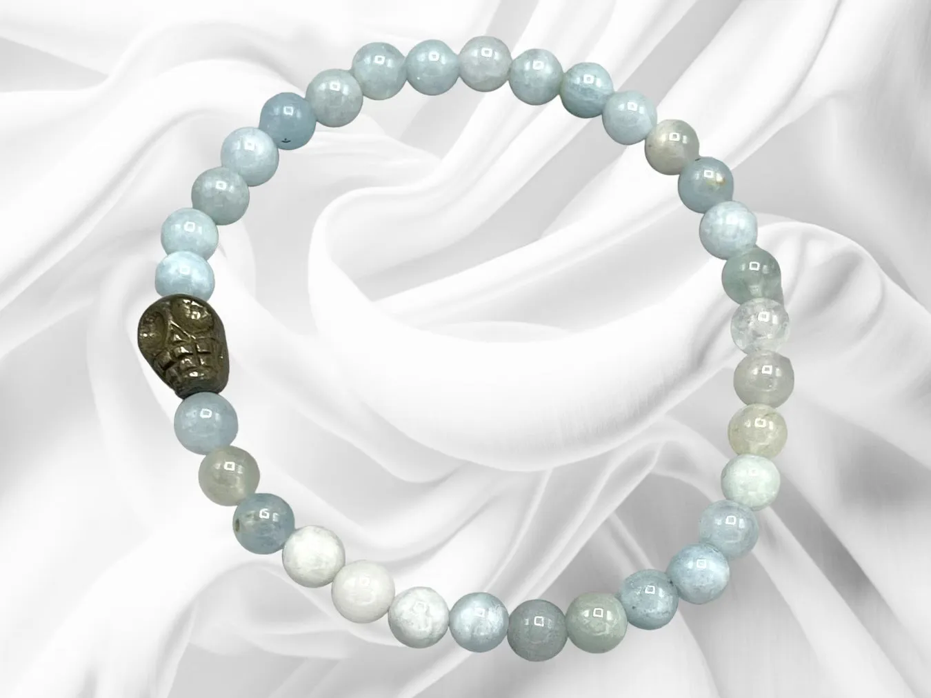 Aquamarine gemstones and Pyrite Skull stretch Bracelet