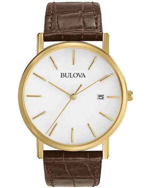 Bulova Men's Essential Strap Watch - Gold-Tone - White Dial - Brown Leather