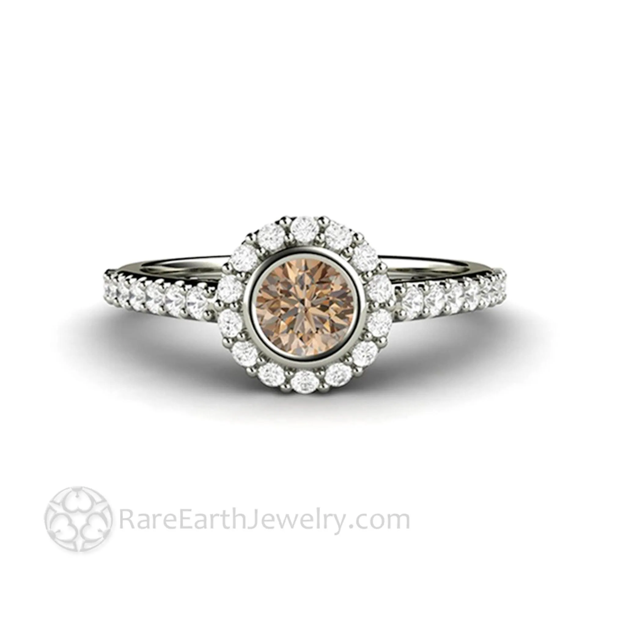 Cognac Brown Diamond Halo Engagement Ring Petite Pave Bezel Setting