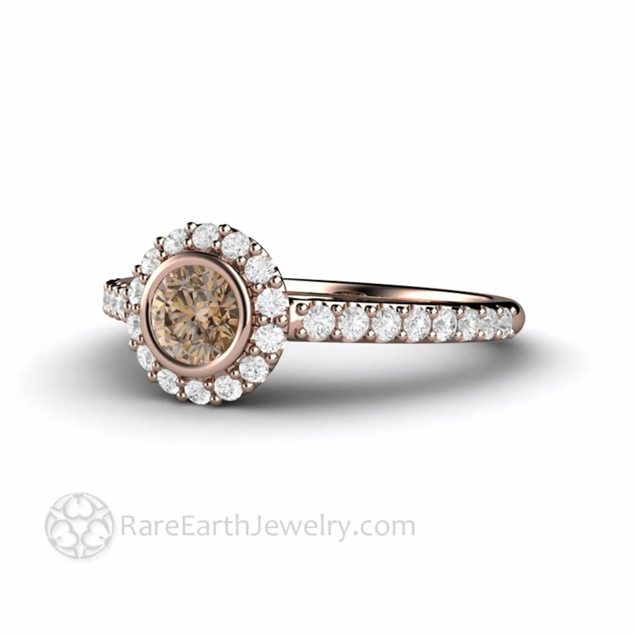 Cognac Brown Diamond Halo Engagement Ring Petite Pave Bezel Setting