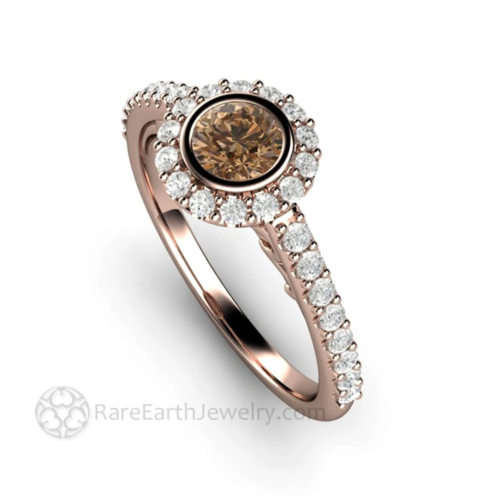 Cognac Brown Diamond Halo Engagement Ring Petite Pave Bezel Setting