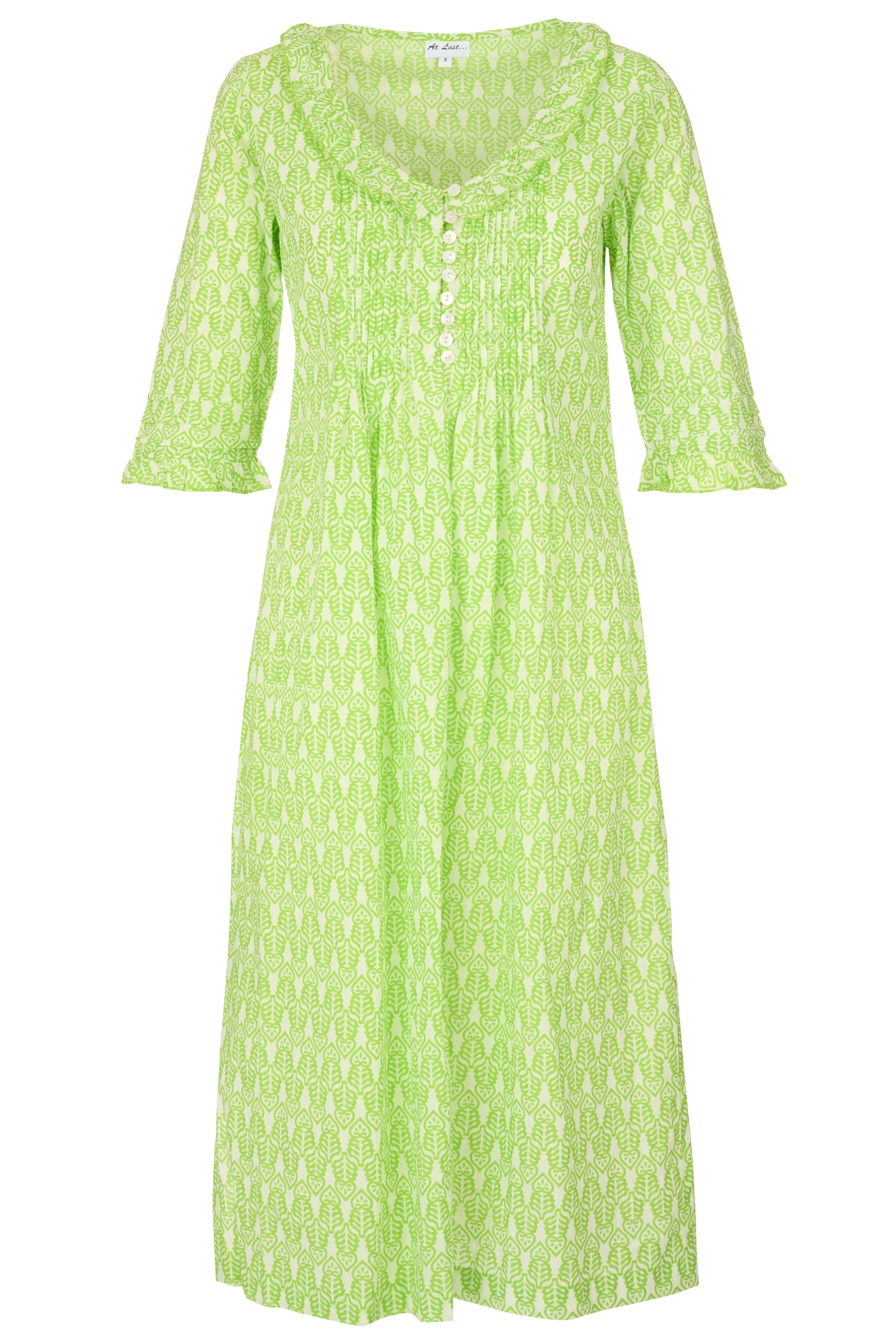 Cotton Karen 3/4 Sleeve Day Dress in Fresh Lime & White