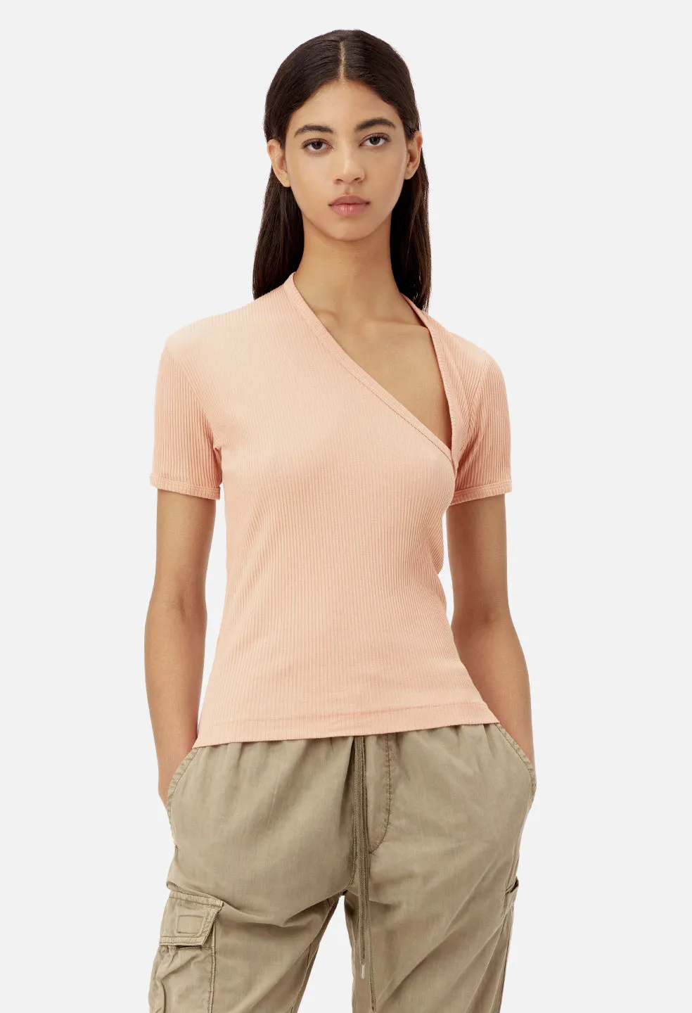 Cotton Rib Asymmetrical Tee / Peach