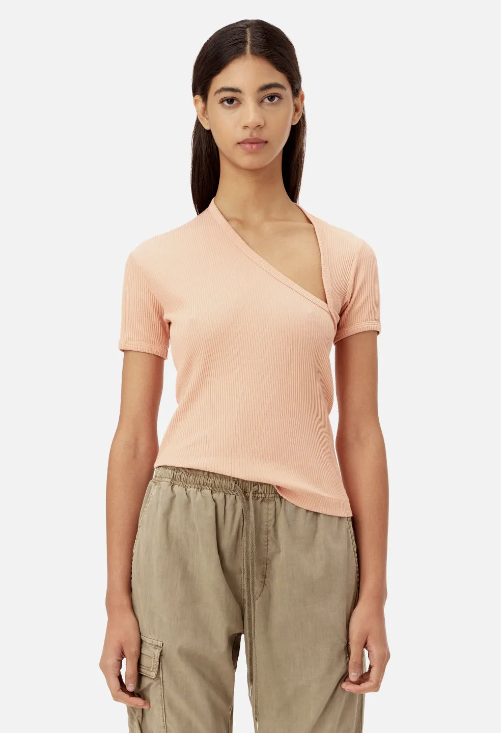 Cotton Rib Asymmetrical Tee / Peach