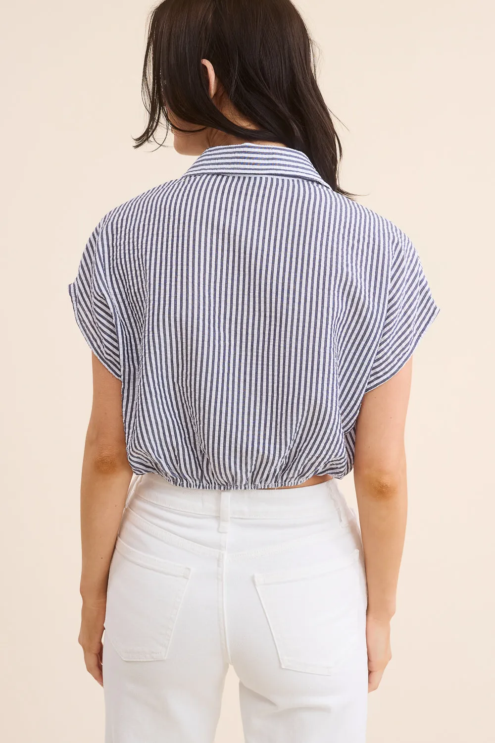 Cropped Navy Striped Button Down