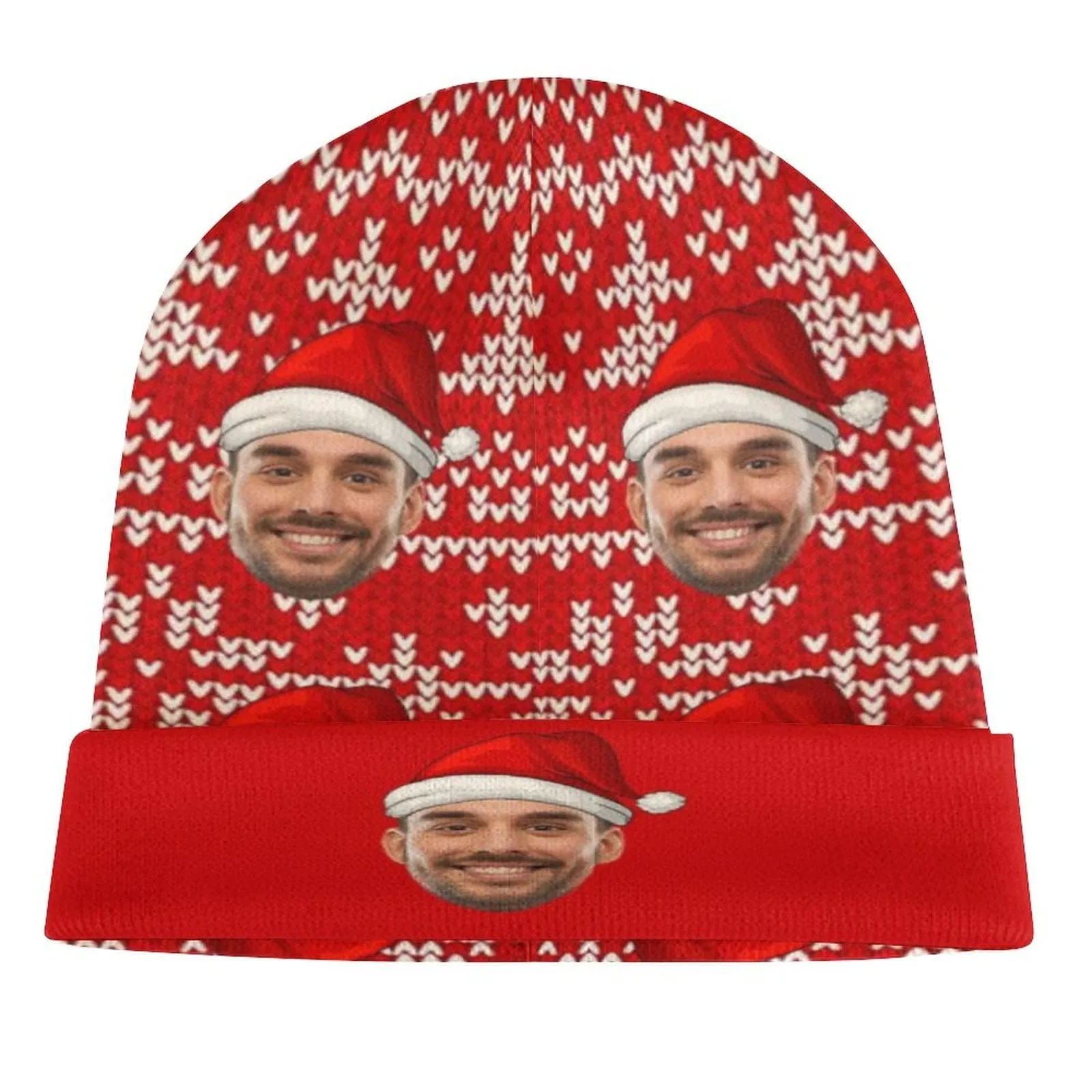 Custom Face Snowflake Christmas Hat Red Unisex All Over Printed Knitted Hat