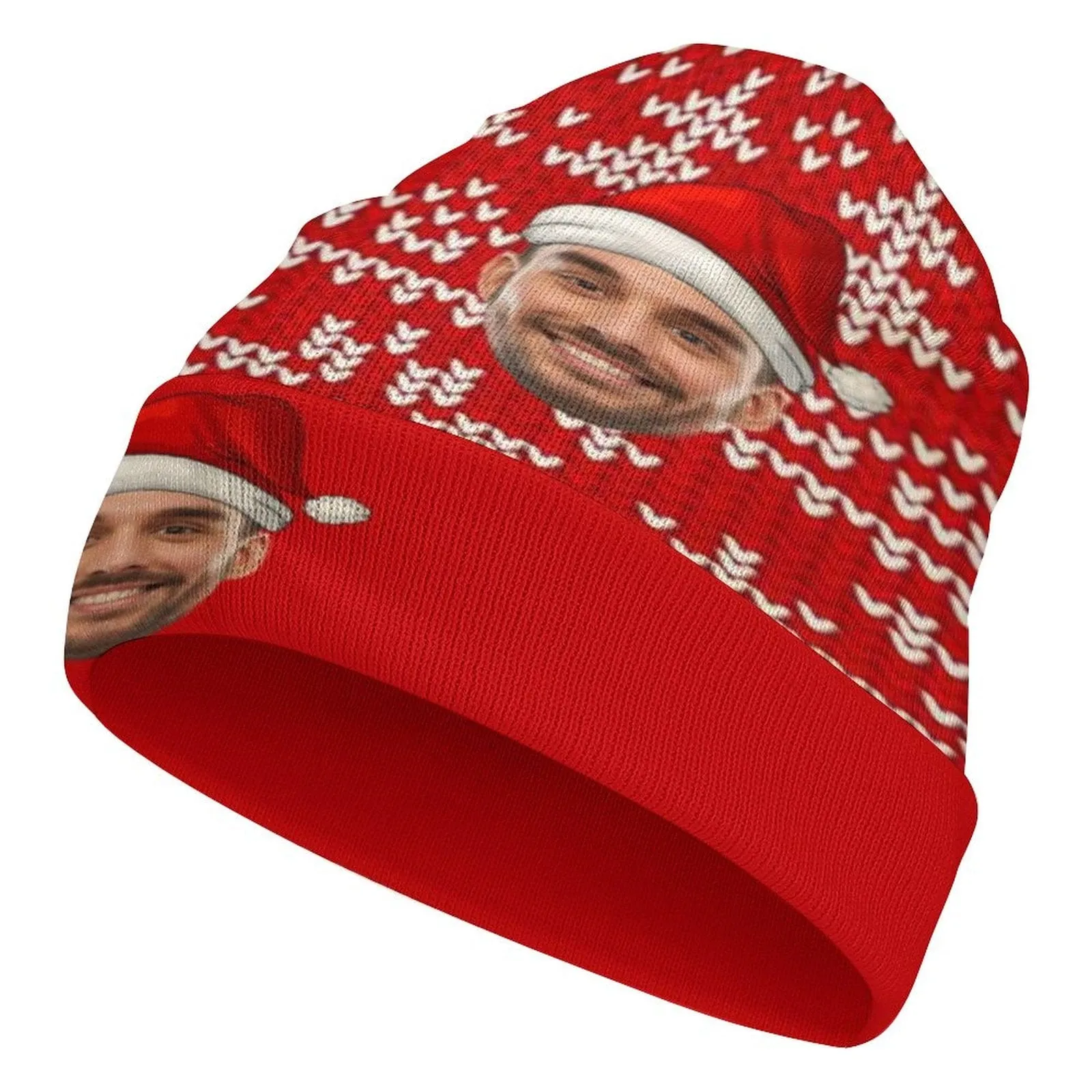 Custom Face Snowflake Christmas Hat Red Unisex All Over Printed Knitted Hat