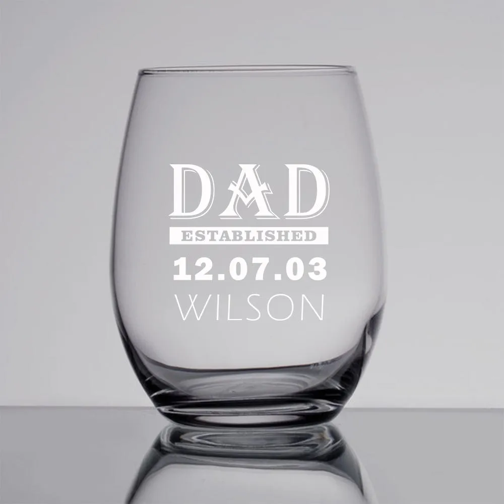 Custom Name&Date Stemless Wine Glass Personalized Father's Day Gift Beer Whiskey Glass Gift for Dad 11/15/17 OZ