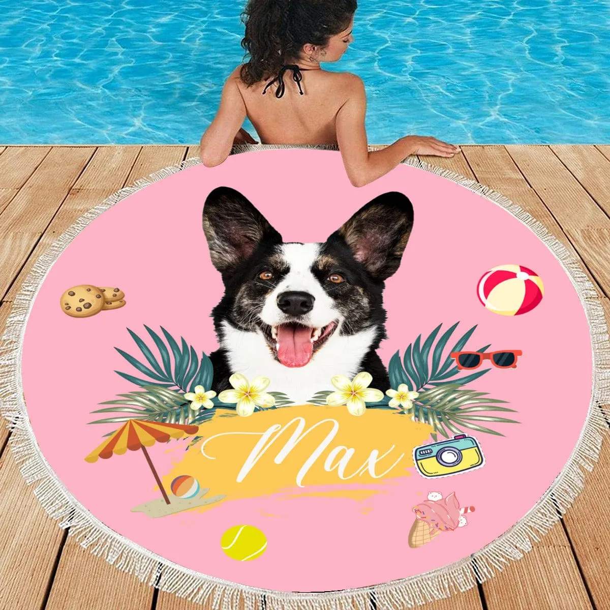 Custom Pet Face&Name Personalized Round Beach Towel Bath Towel Custom Pool Towel Birthday Vacation