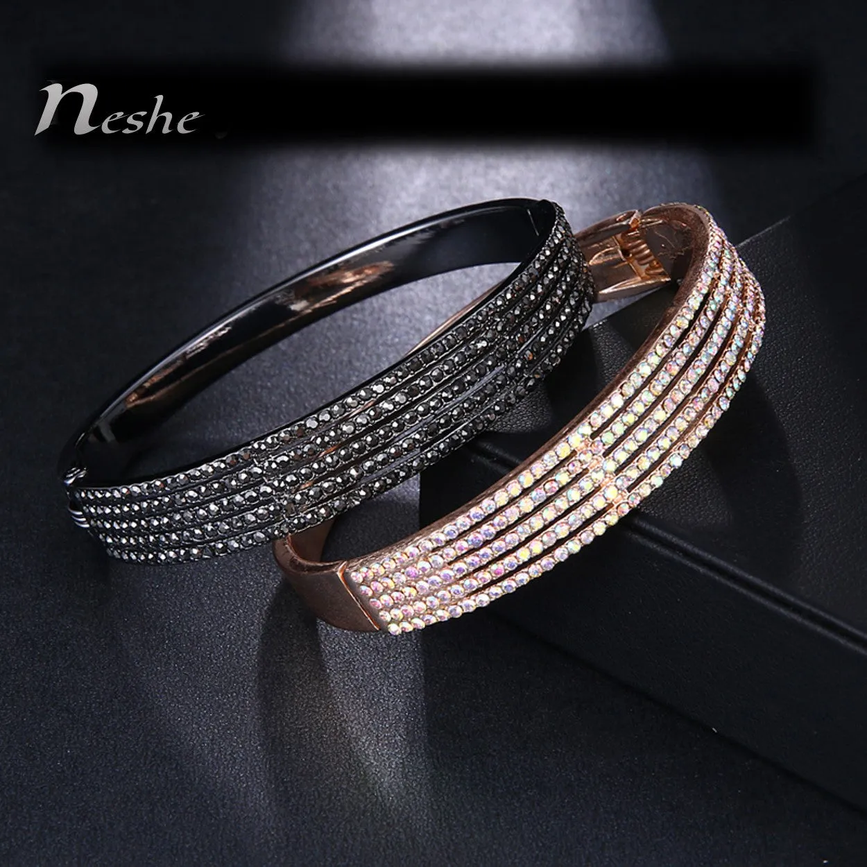 CZ Zircon Studded Rose Gold Black Bangle Bracelet