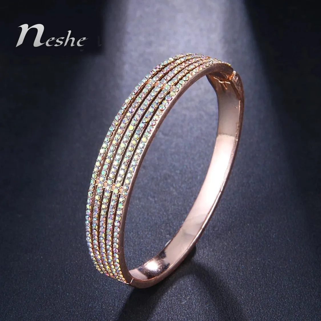 CZ Zircon Studded Rose Gold Black Bangle Bracelet