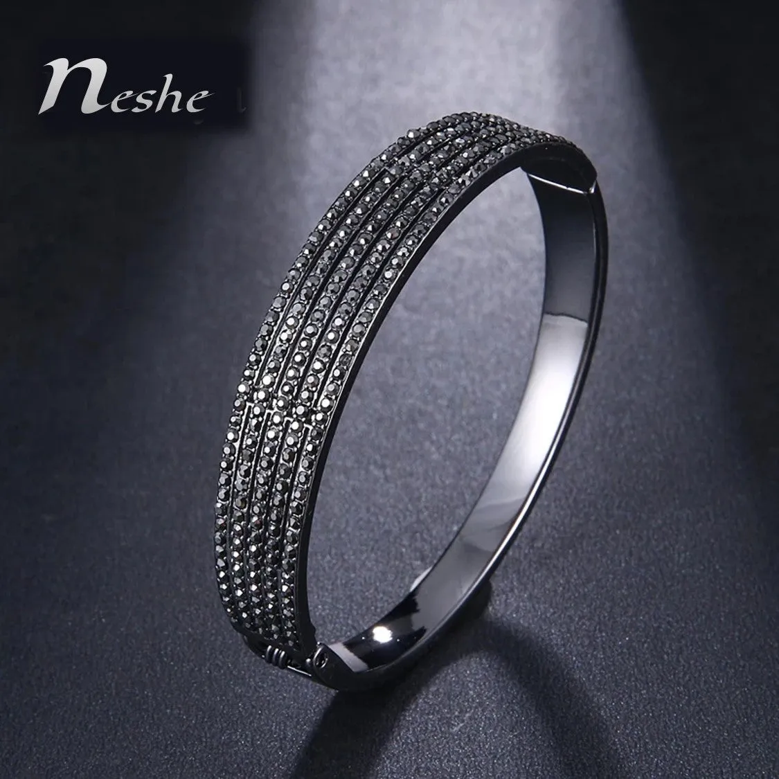 CZ Zircon Studded Rose Gold Black Bangle Bracelet