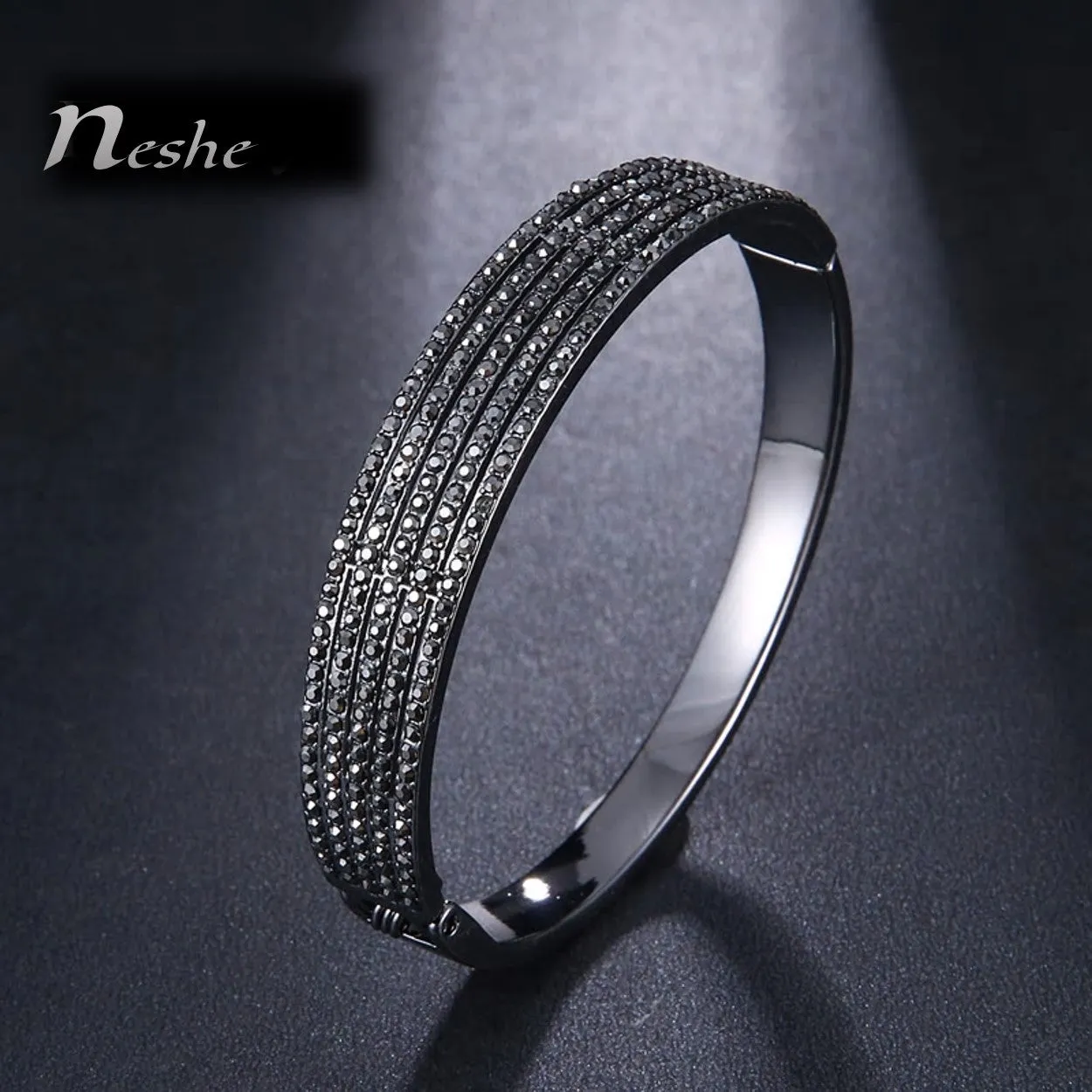 CZ Zircon Studded Rose Gold Black Bangle Bracelet