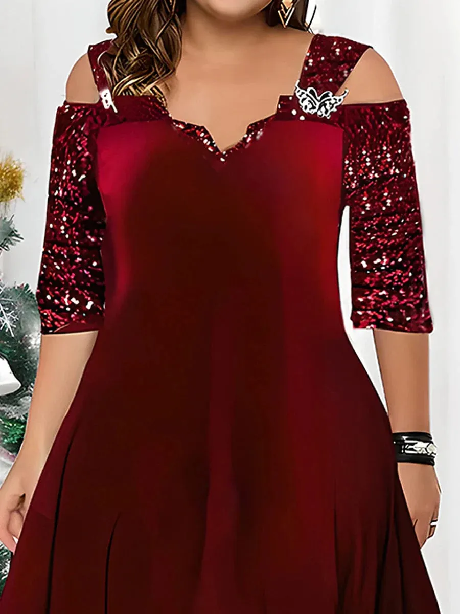 Dazzling Wine Red Velvet Sequin Maxi Dress for Plus Size Women