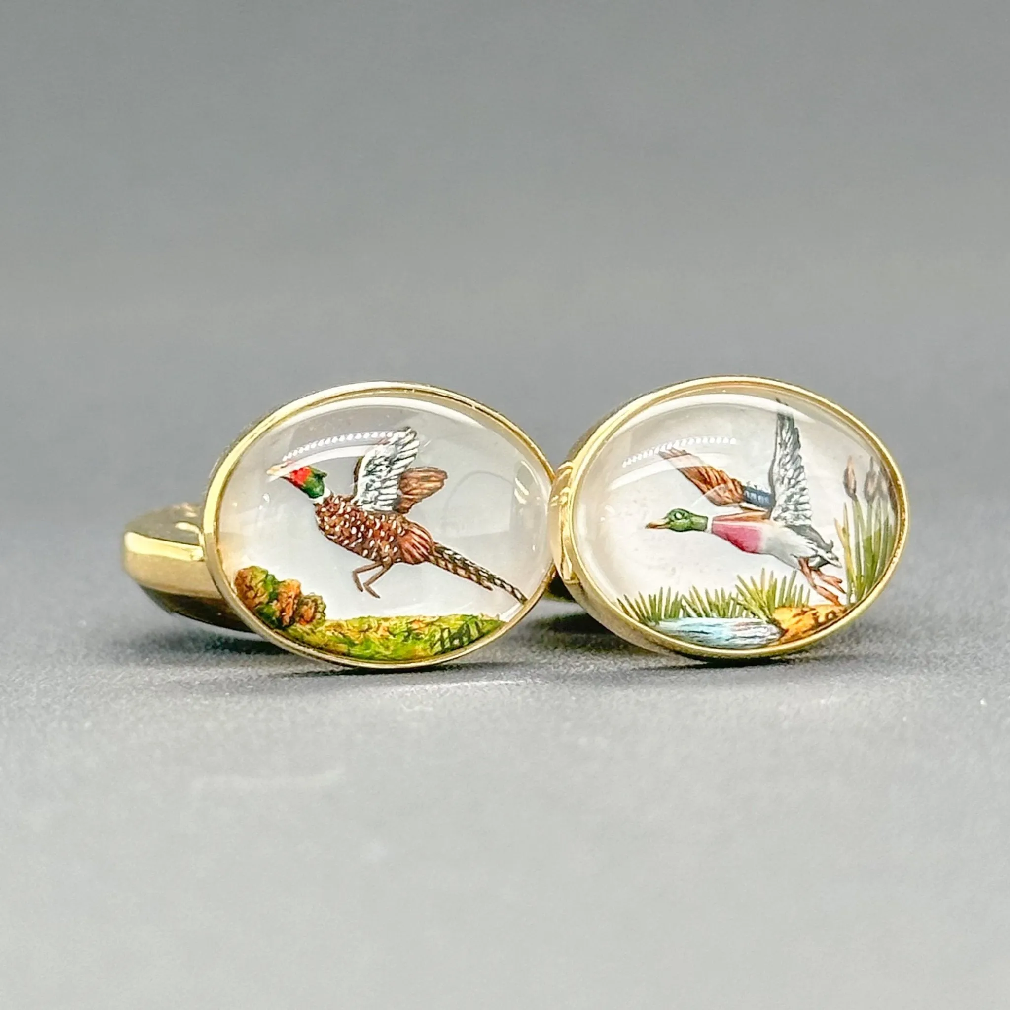 Estate Deakin & Francis 18K Y Gold 20.00ctw Essex Crystal Pheasant & Duck Cufflinks