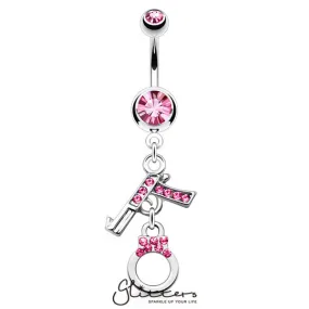 Gun and Handcuff Dangle Surgical Steel Belly Ring-Pink Crystal