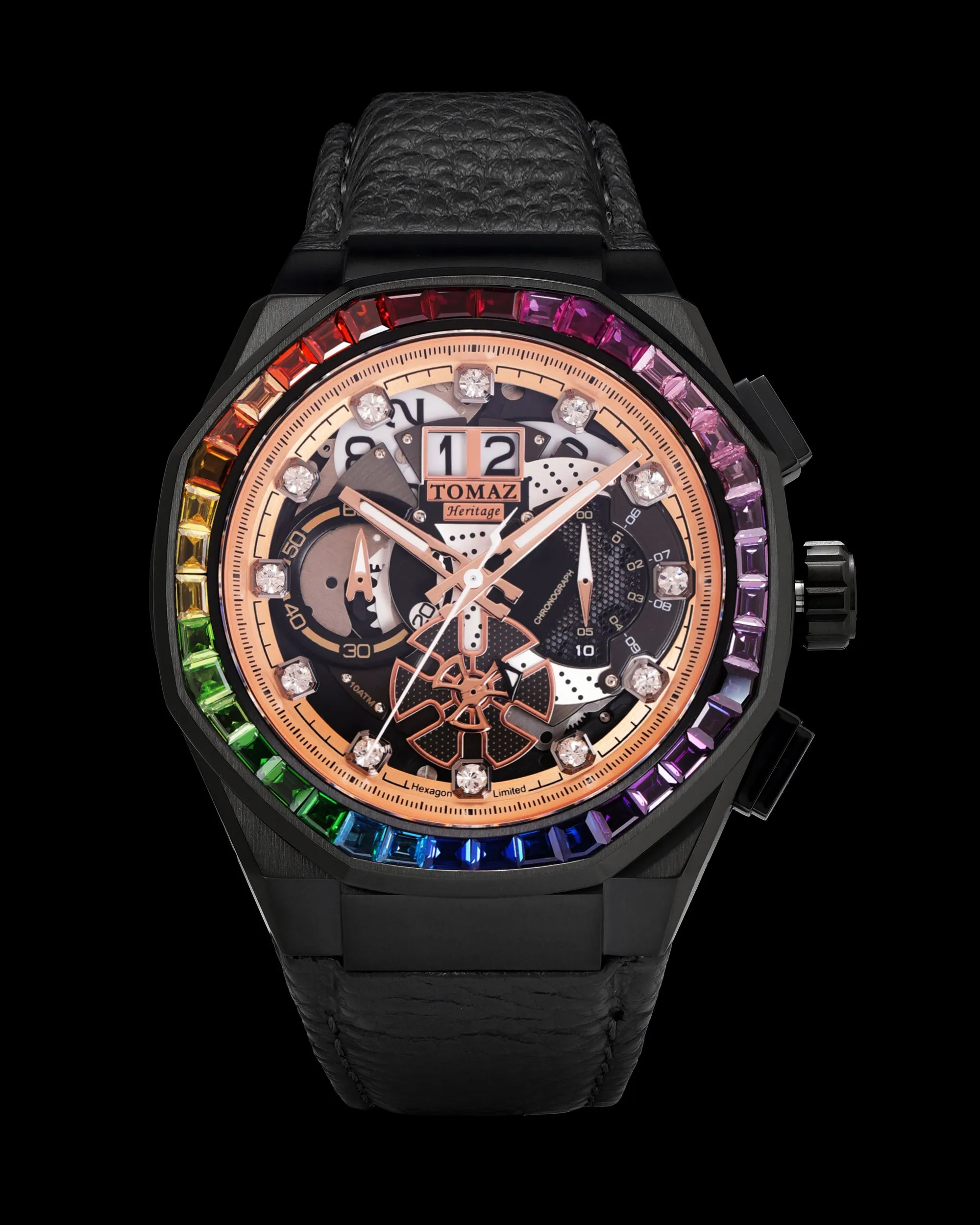 Hexagon TQ023B-D11 (Black/Rosegold) with Rainbow Crystal (Black Leather Strap)