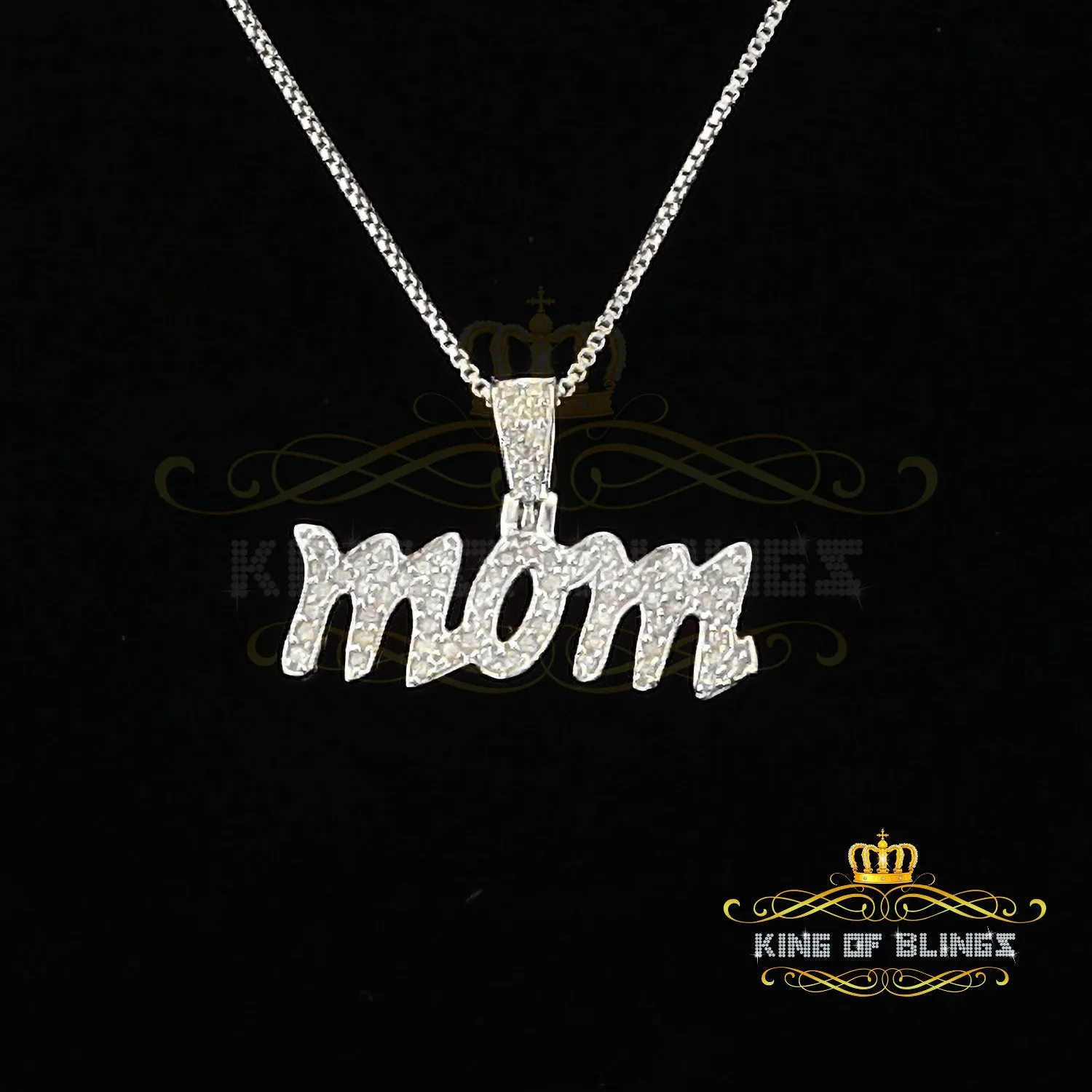 King Of Bling's White 925 Sterling Silver Real 0.25CT Diamond MOM'S Charm Necklace Pendant