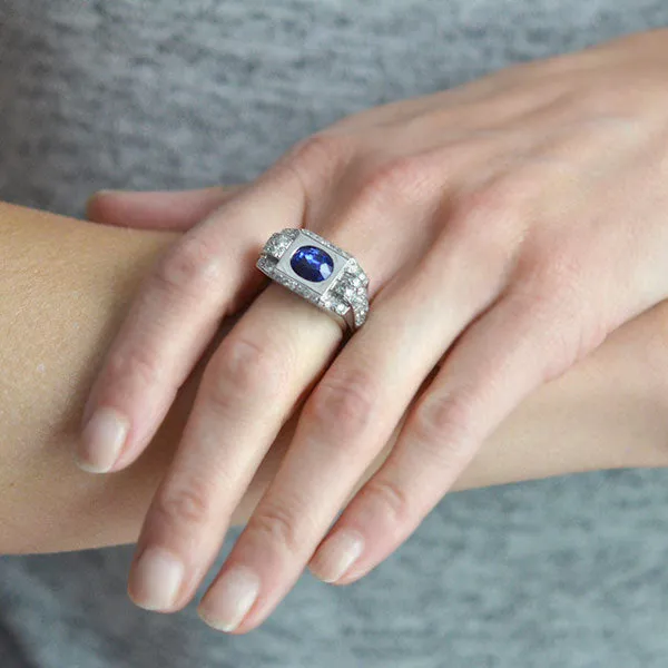 Late Art Deco French Platinum 4.30ct Natural Ceylon Sapphire Diamond Ring