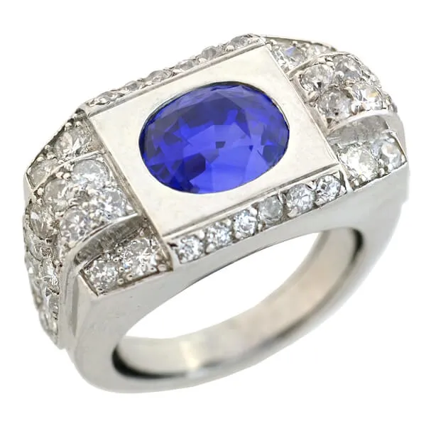 Late Art Deco French Platinum 4.30ct Natural Ceylon Sapphire Diamond Ring