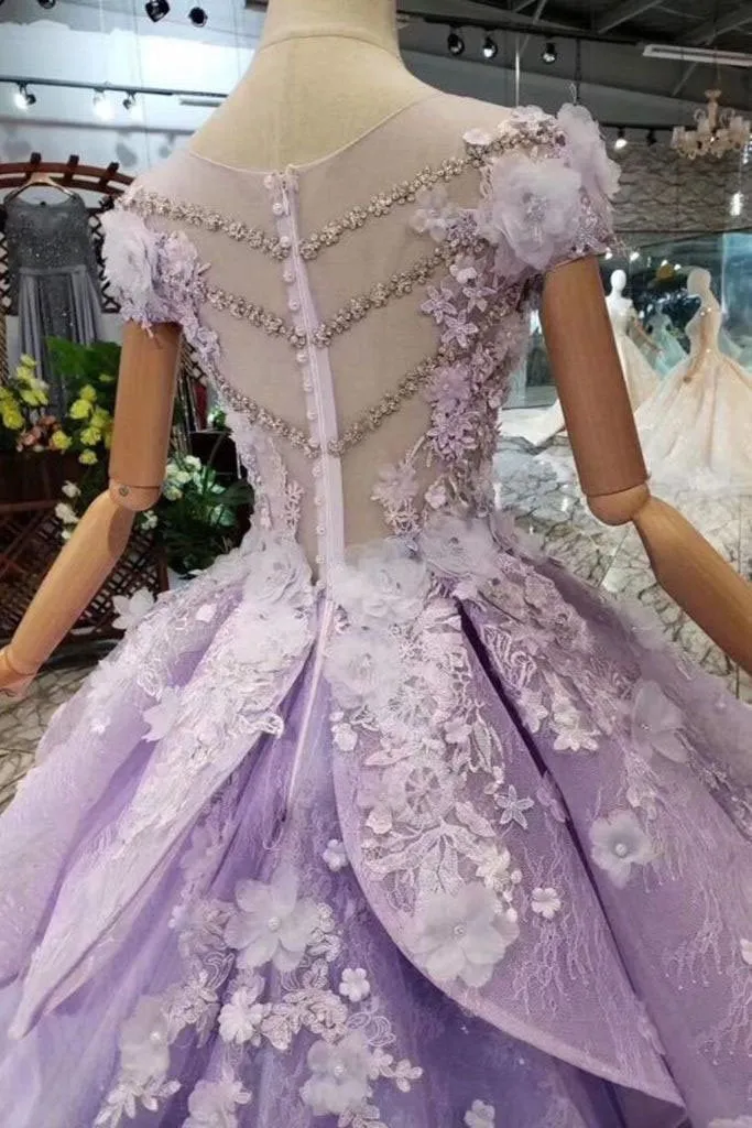 Lilac Ball Gown Short Sleeve Prom Dresses with Flowers Gorgeous Quinceanera Dress