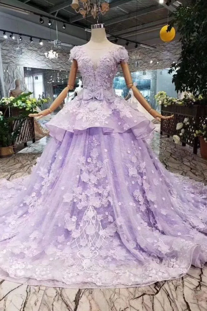 Lilac Ball Gown Short Sleeve Prom Dresses with Flowers Gorgeous Quinceanera Dress