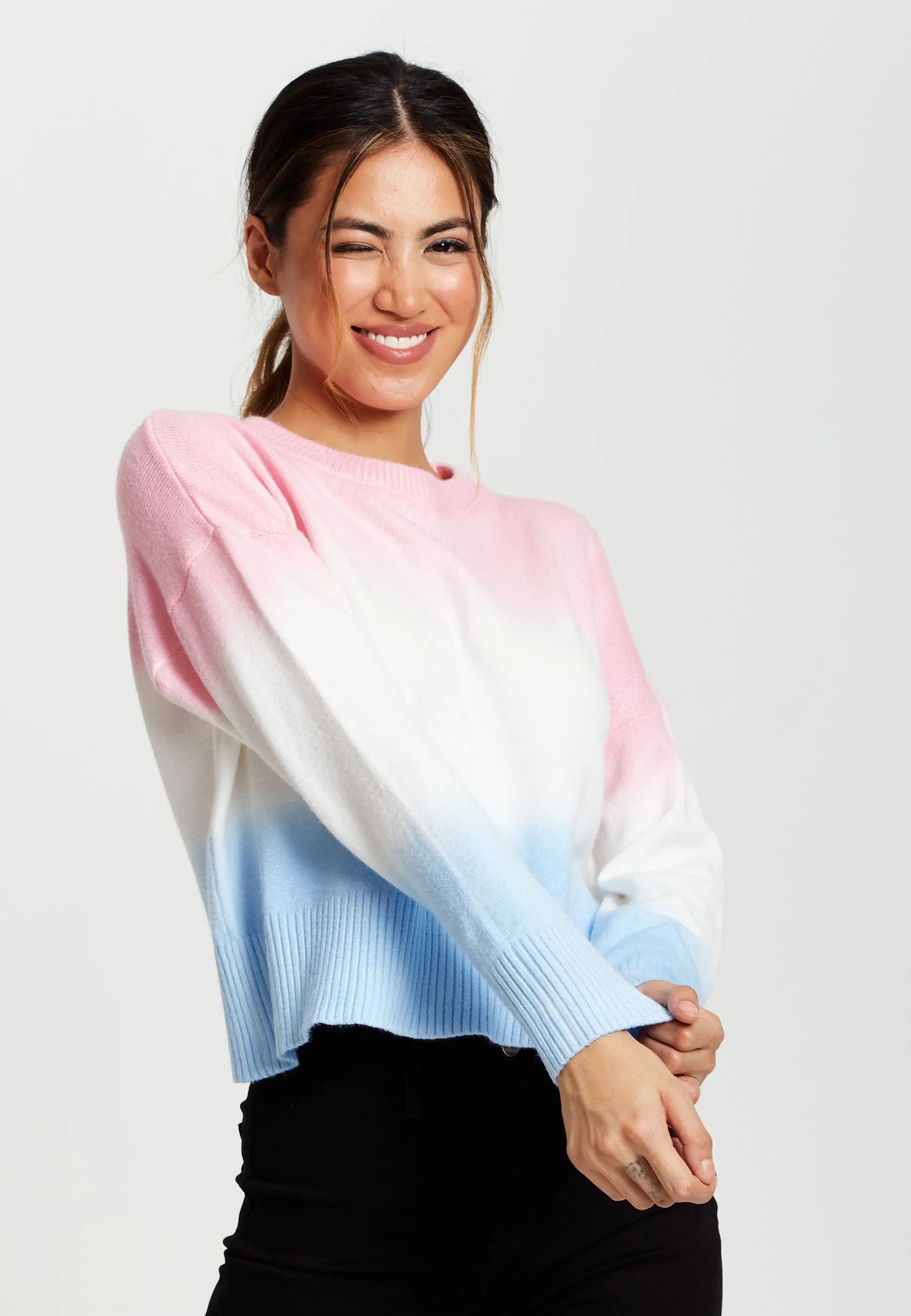 Liquorish Ombre Pattern Jumper In Pink, White And Blue